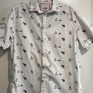 Denim & Flower “Holiday Cheer” Penguin Print Button-Up Shirt – White (XL)